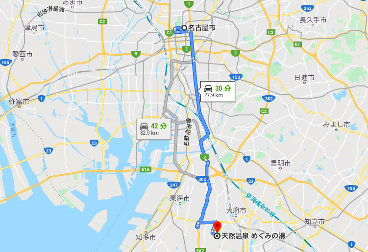 名古屋からめぐみの湯の地図